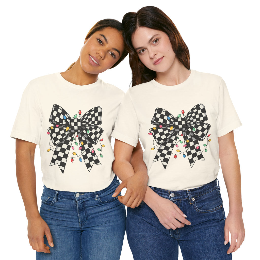 ✨ Retro Checkered Bow Christmas Tee on Bella Canvas