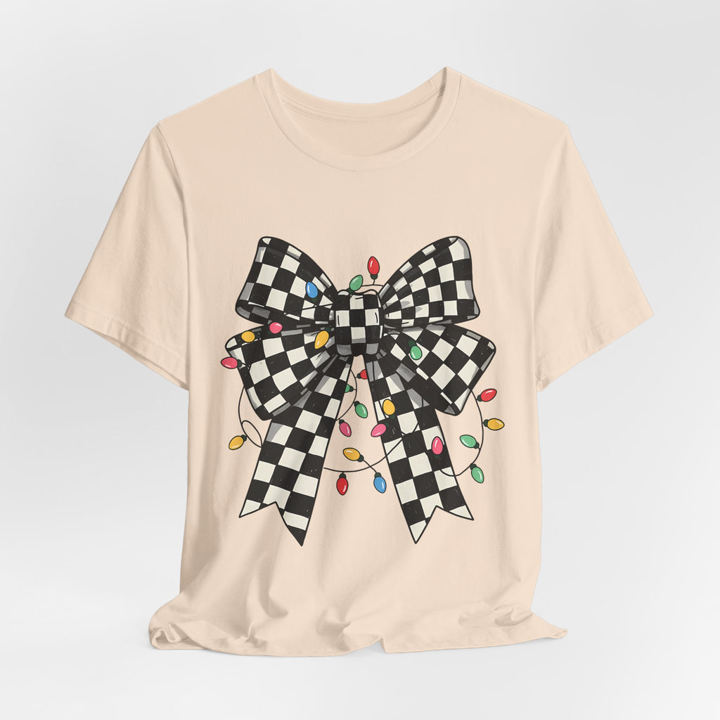 ✨ Retro Checkered Bow Christmas Tee on Bella Canvas
