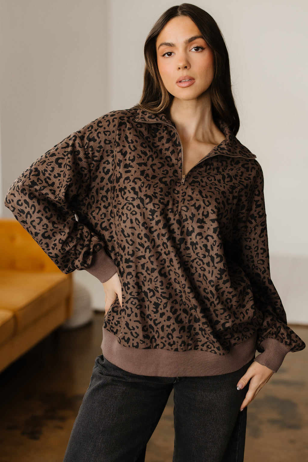 Brown Leopard Print Quarter Zip Corduroy Sweatshirt