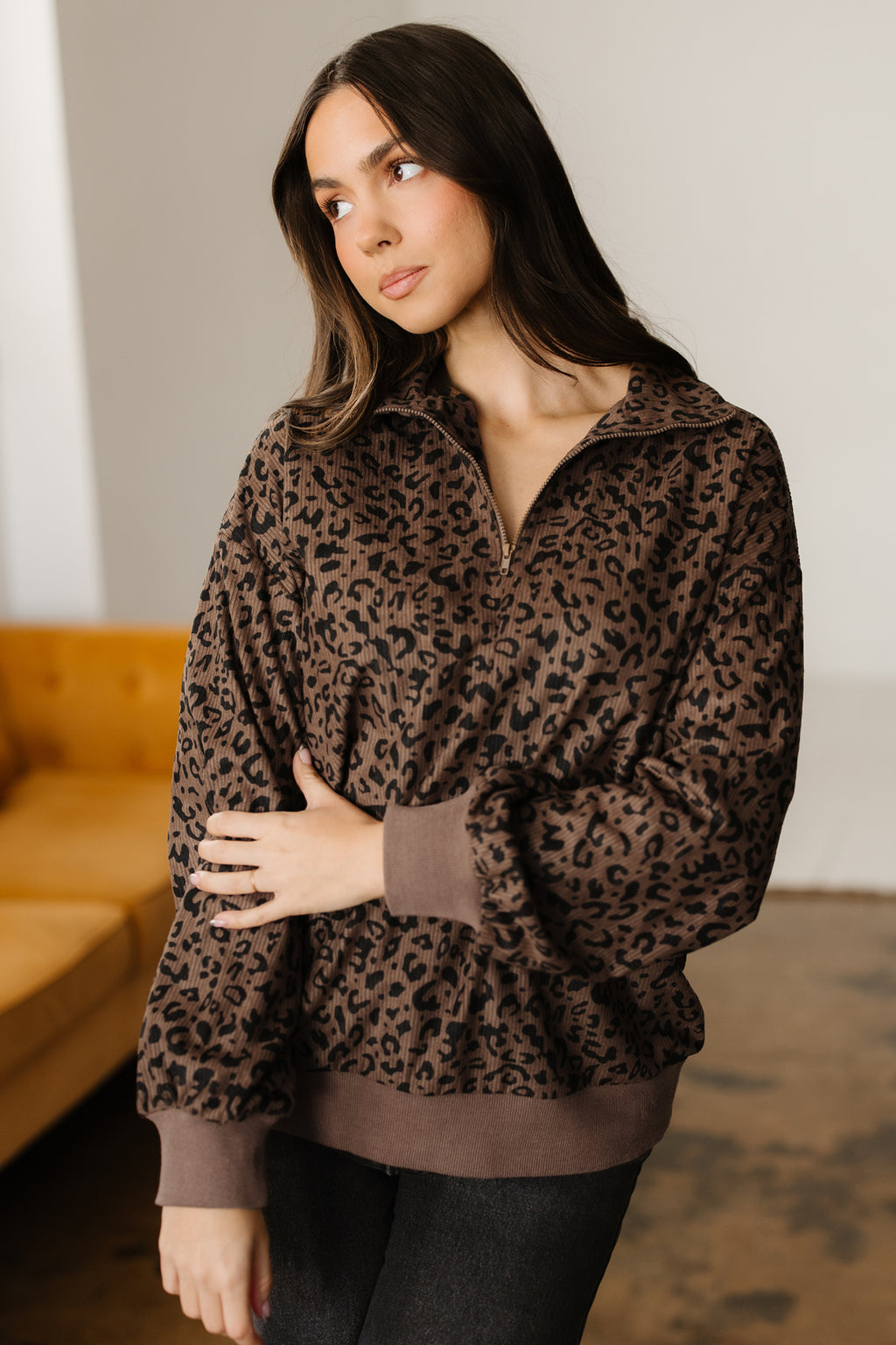 Brown Leopard Print Quarter Zip Corduroy Sweatshirt