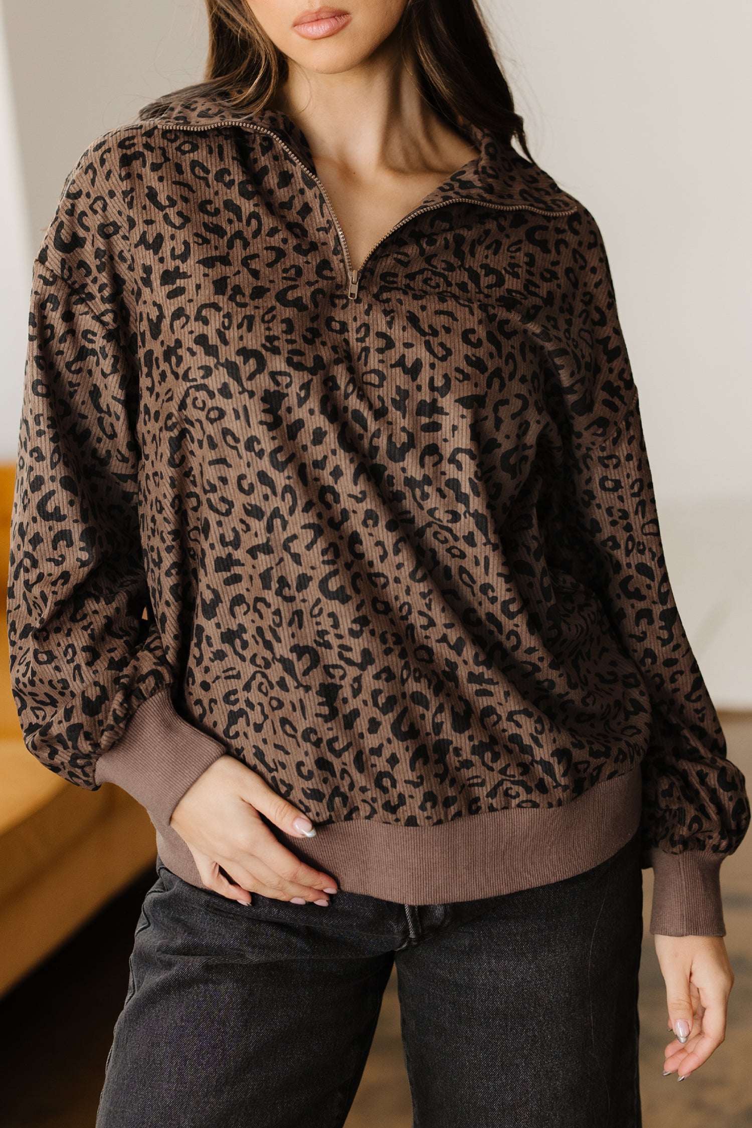 Brown Leopard Print Quarter Zip Corduroy Sweatshirt