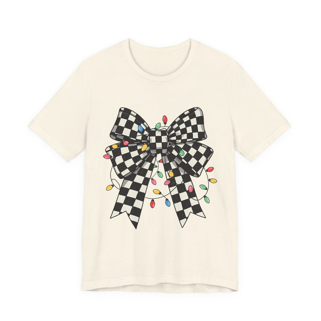 ✨ Retro Checkered Bow Christmas Tee on Bella Canvas