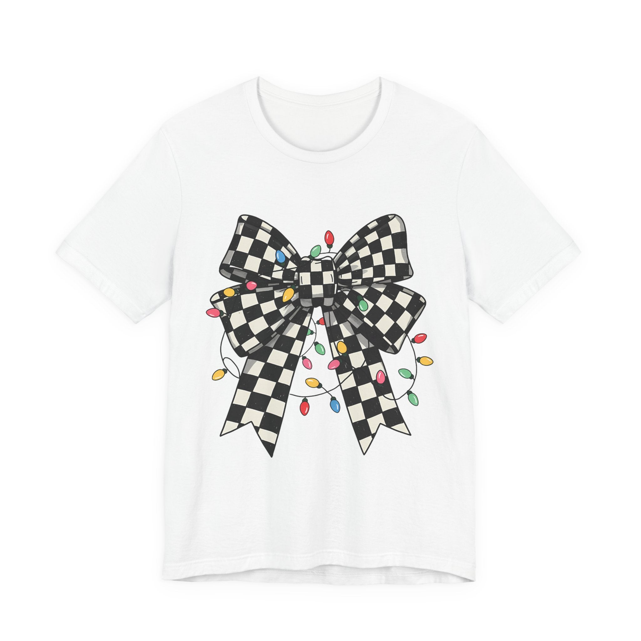 ✨ Retro Checkered Bow Christmas Tee on Bella Canvas
