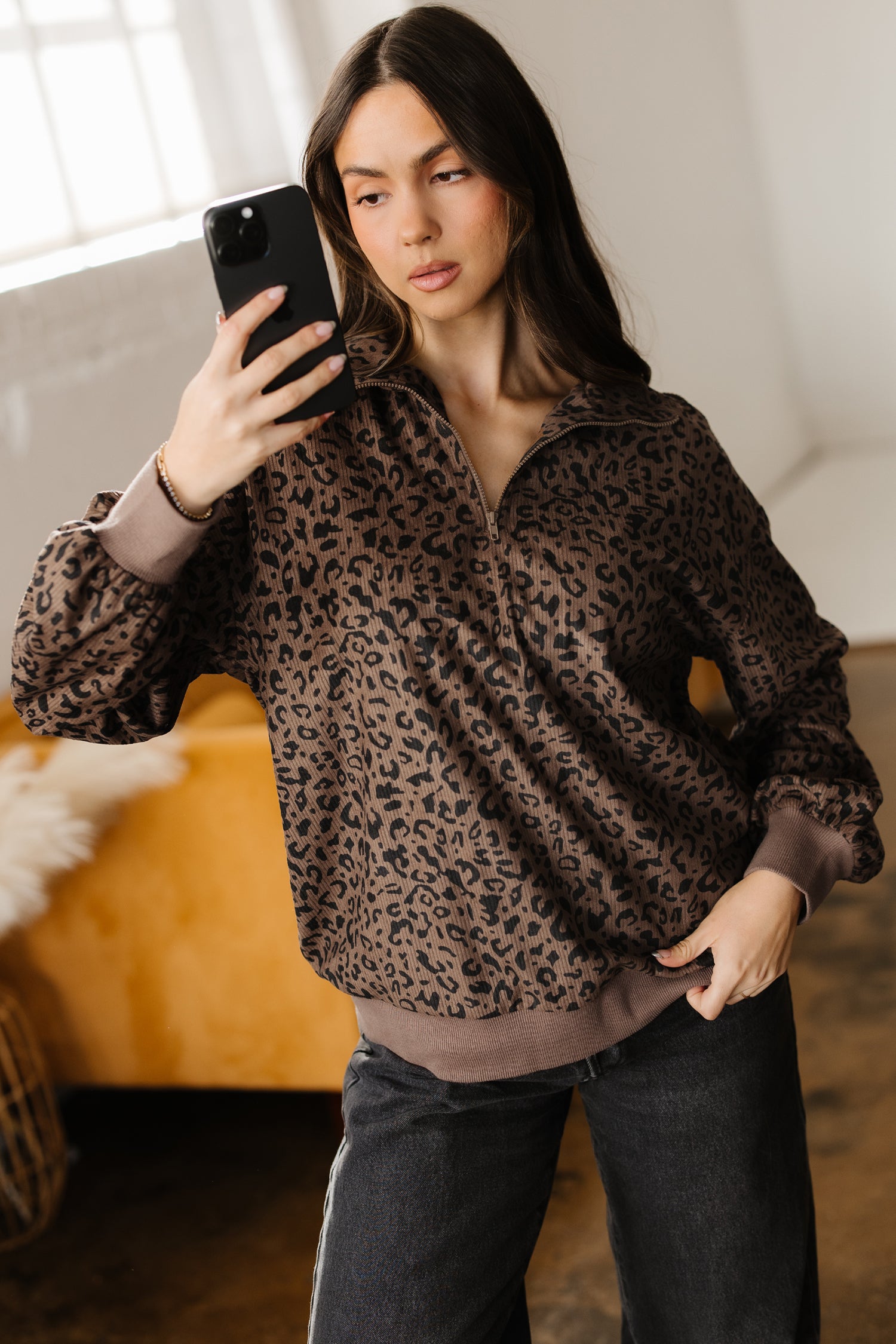 Brown Leopard Print Quarter Zip Corduroy Sweatshirt