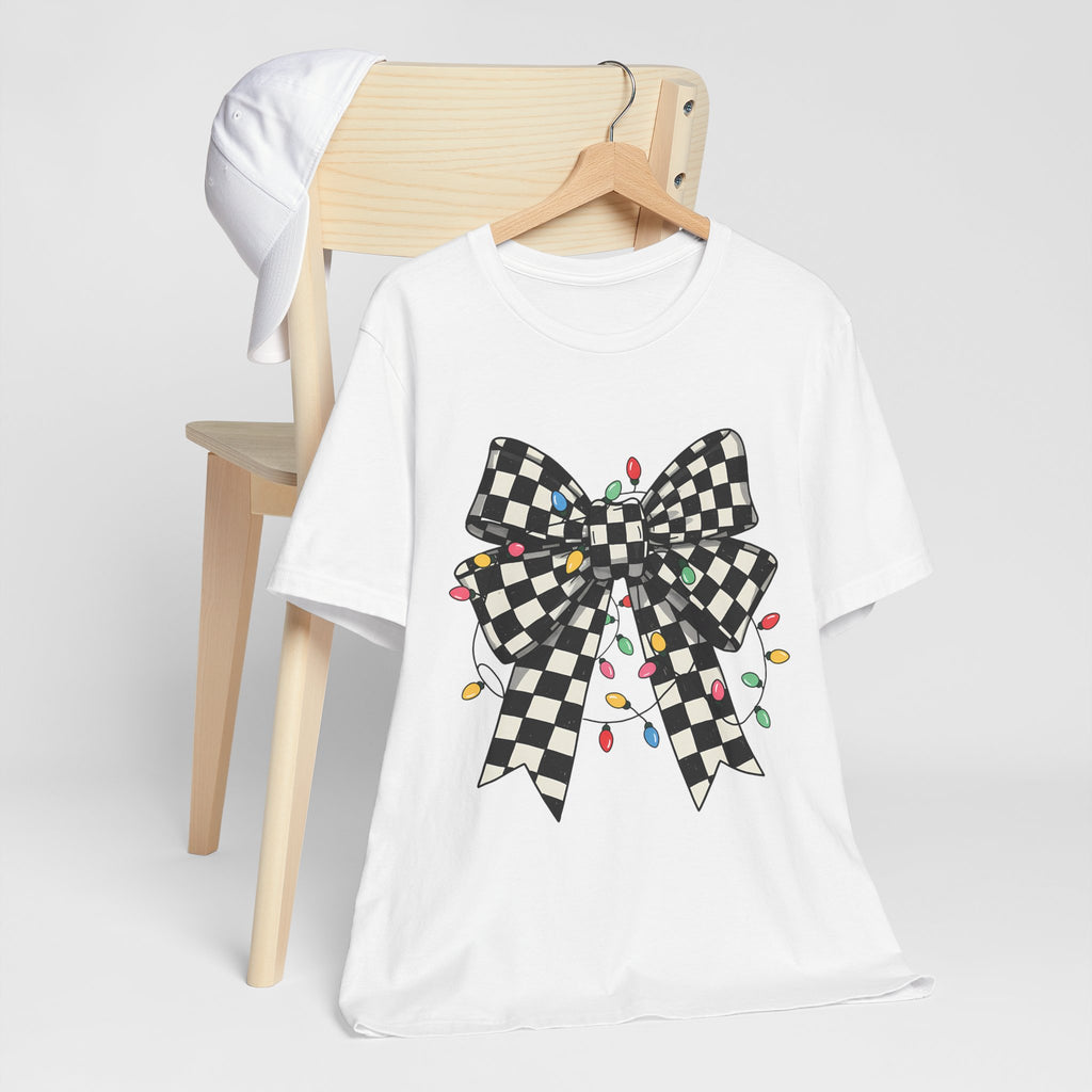 ✨ Retro Checkered Bow Christmas Tee on Bella Canvas