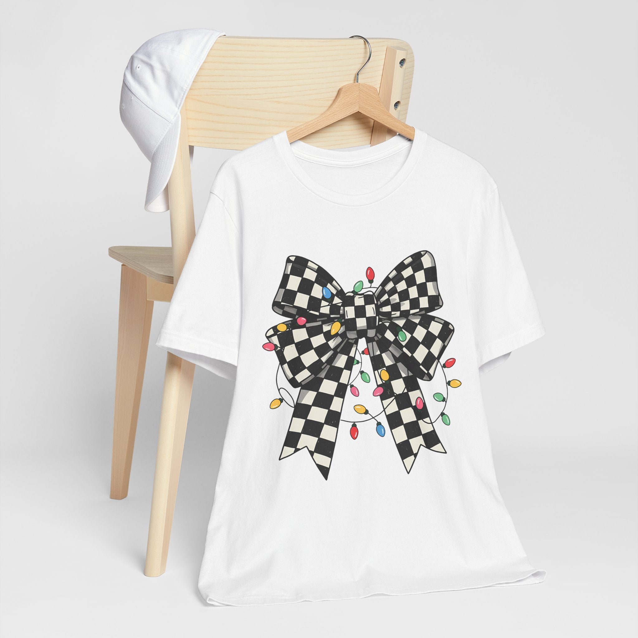 ✨ Retro Checkered Bow Christmas Tee on Bella Canvas