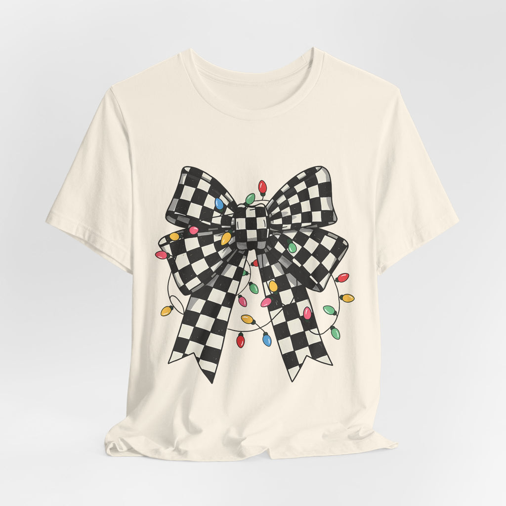 ✨ Retro Checkered Bow Christmas Tee on Bella Canvas