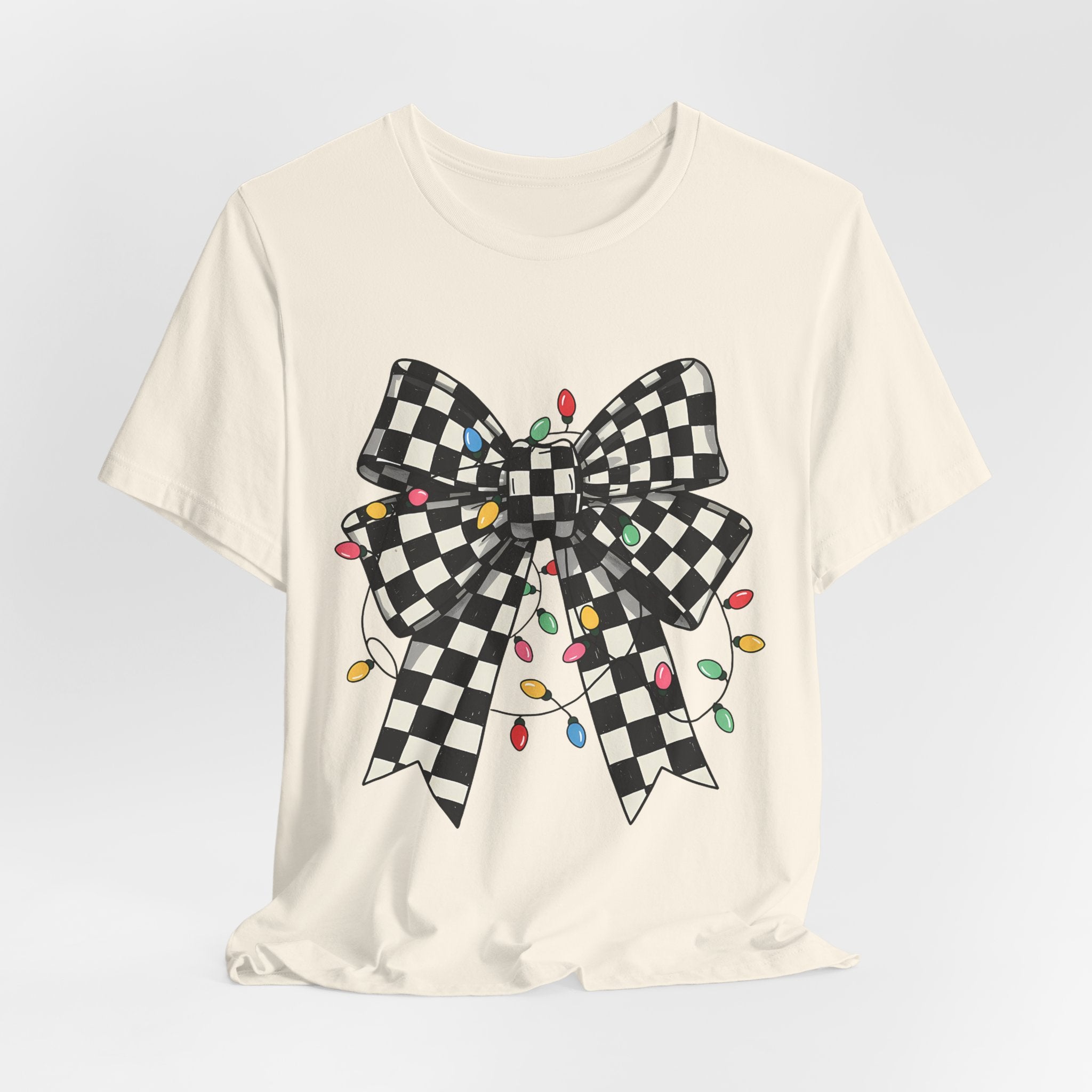 ✨ Retro Checkered Bow Christmas Tee on Bella Canvas