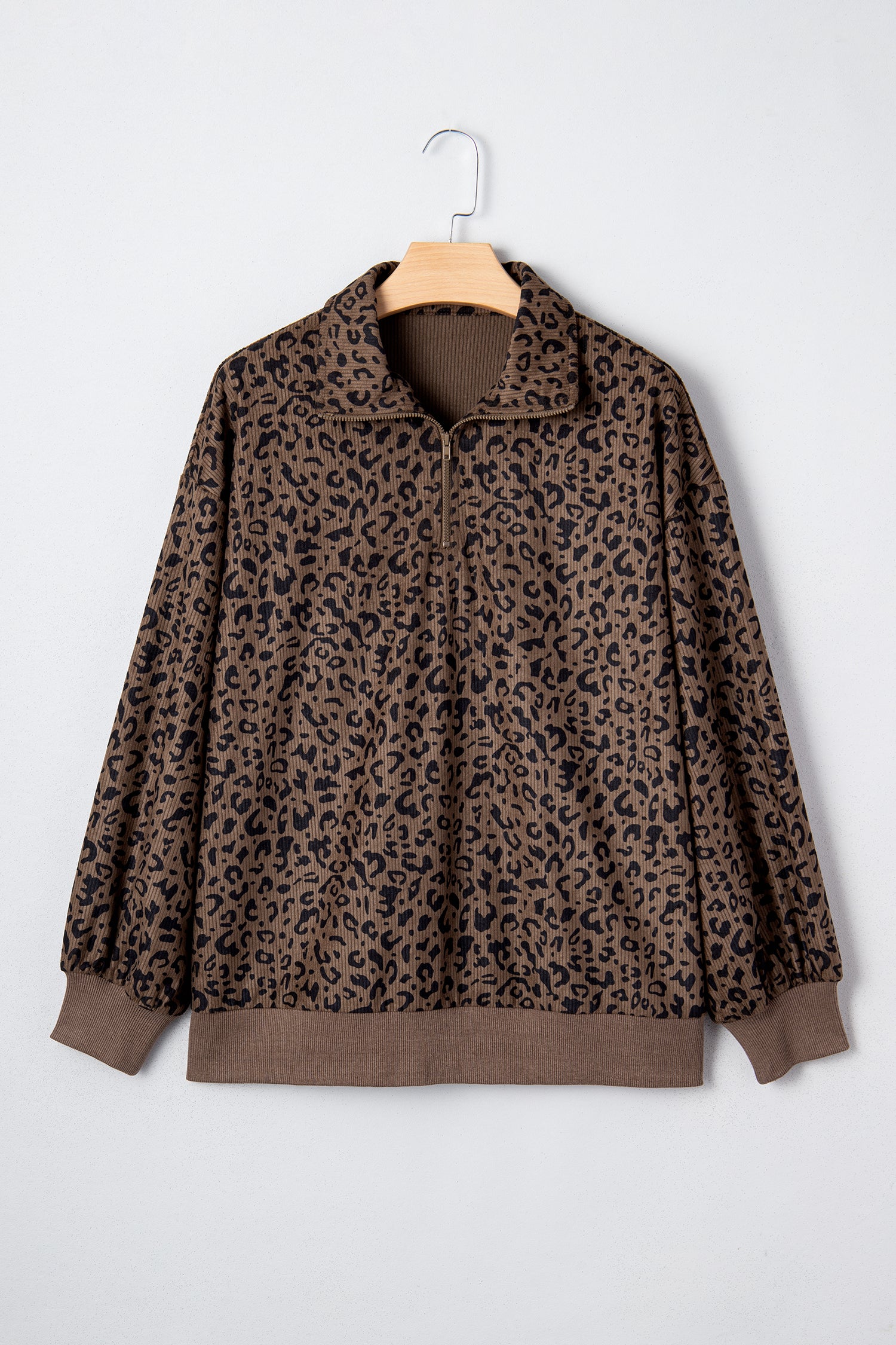 Brown Leopard Print Quarter Zip Corduroy Sweatshirt – Royal K